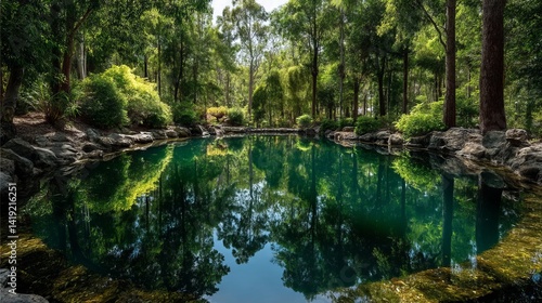 Tranquil forest pond reflecting lush greenery and clear blue skies.