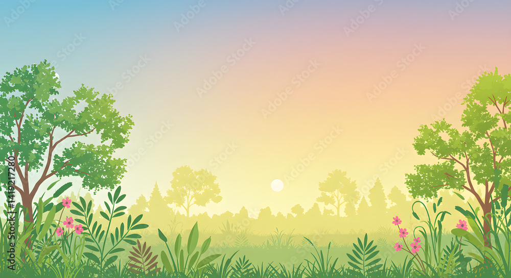 Obraz premium Landscape with Trees and Flowers at Sunset