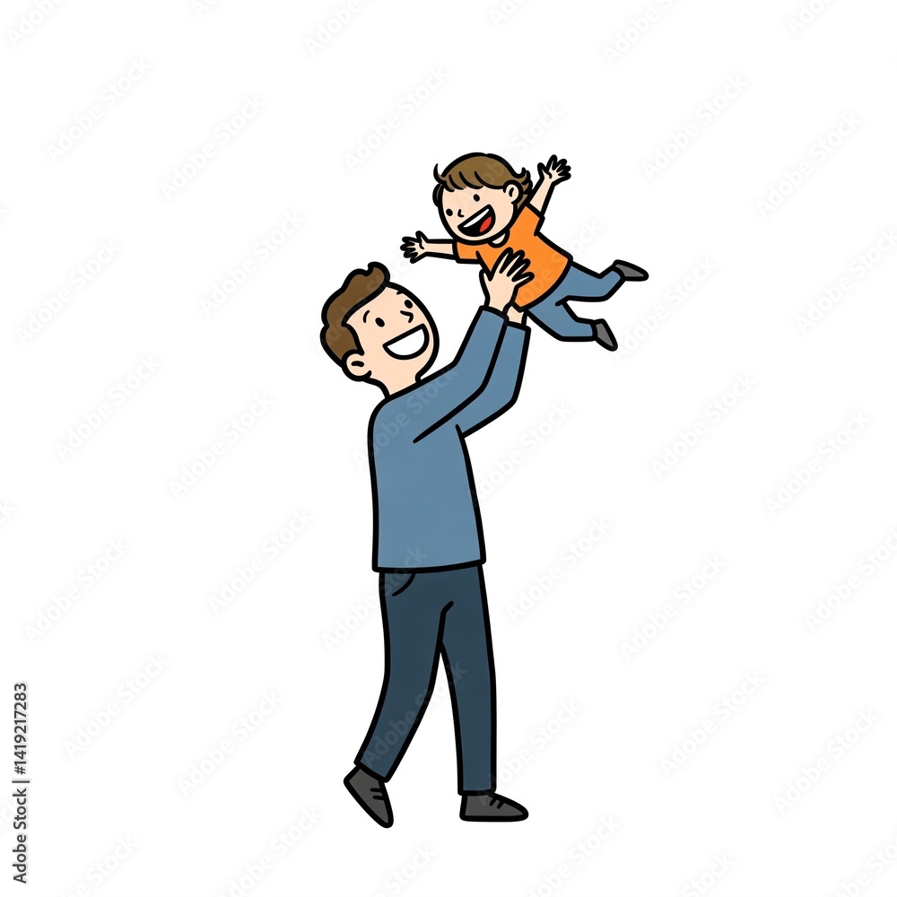 Father joyfully lifting child against a white background Father joyfully lifting child against a white background
