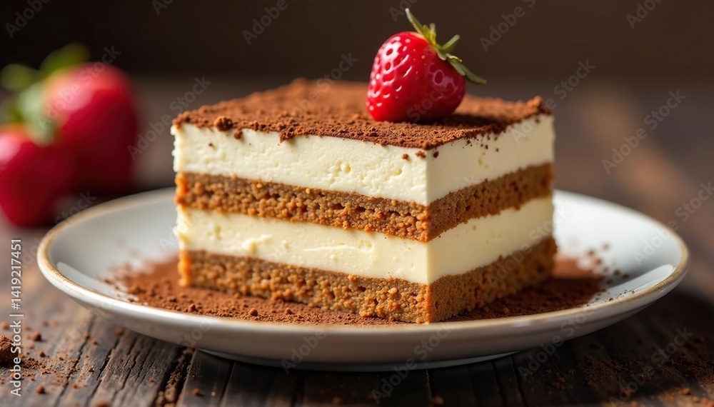 Single serving tiramisu; cocoa dusted, rich creamy layers visible , layered dessert, sweet Single serving tiramisu; cocoa dusted, rich creamy layers visible , layered dessert, sweet