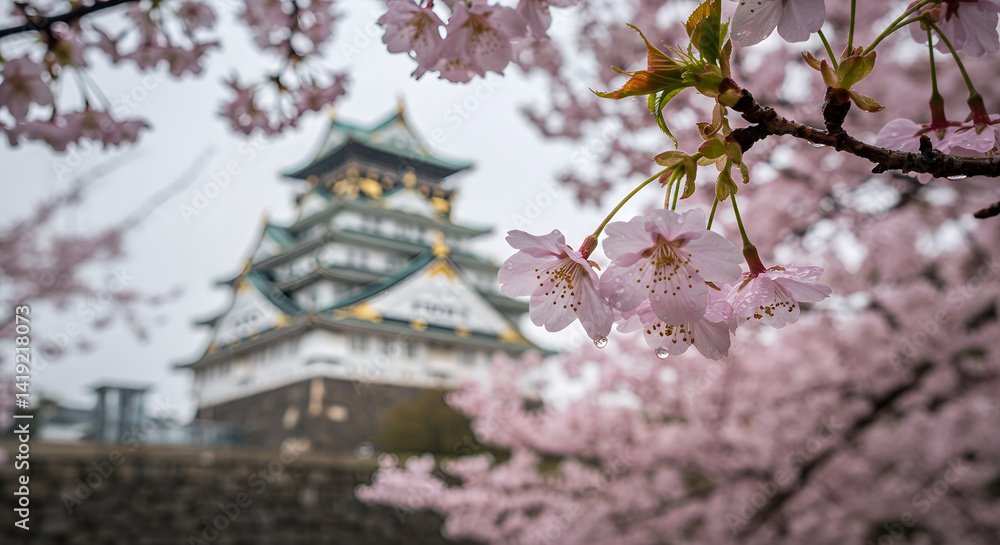 Blooming Cherry Blossoms with Traditional Building in Background Blooming Cherry Blossoms with Traditional Building in Background