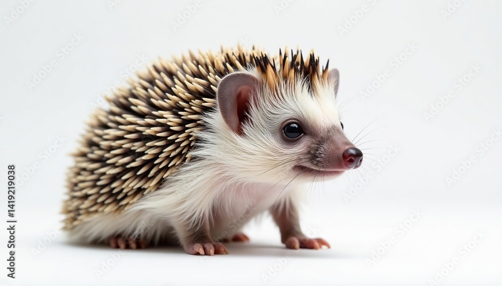Obraz premium A solitary hedgehog posed against a pure white backdrop, domesticated, rodent, indoors