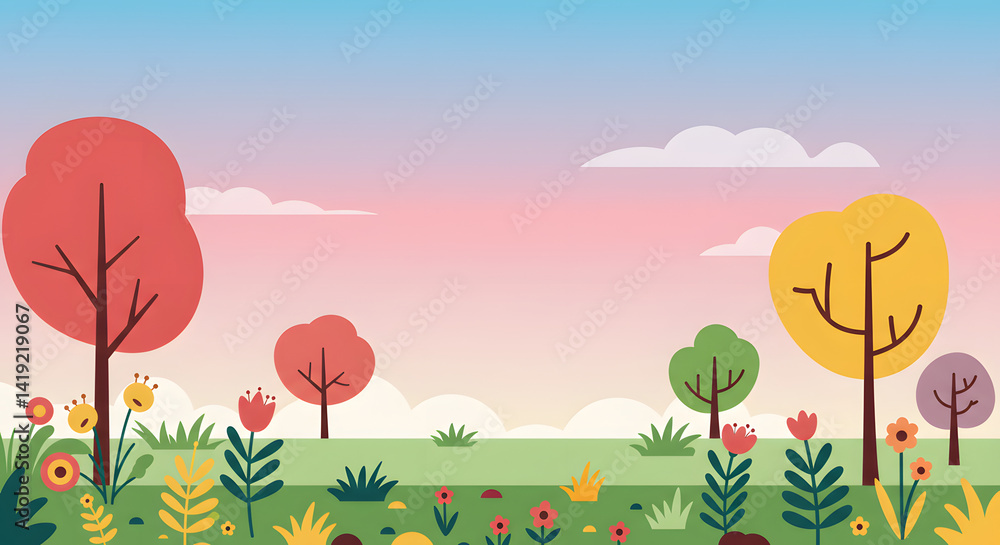 Fototapeta premium Cartoon autumn landscape with trees and flowers