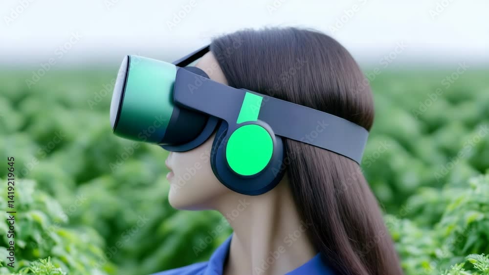 Immersive Experience: A woman donning a virtual reality headset, stands amidst a vibrant green field. The scene showcases an immersive experience that transports the viewer.