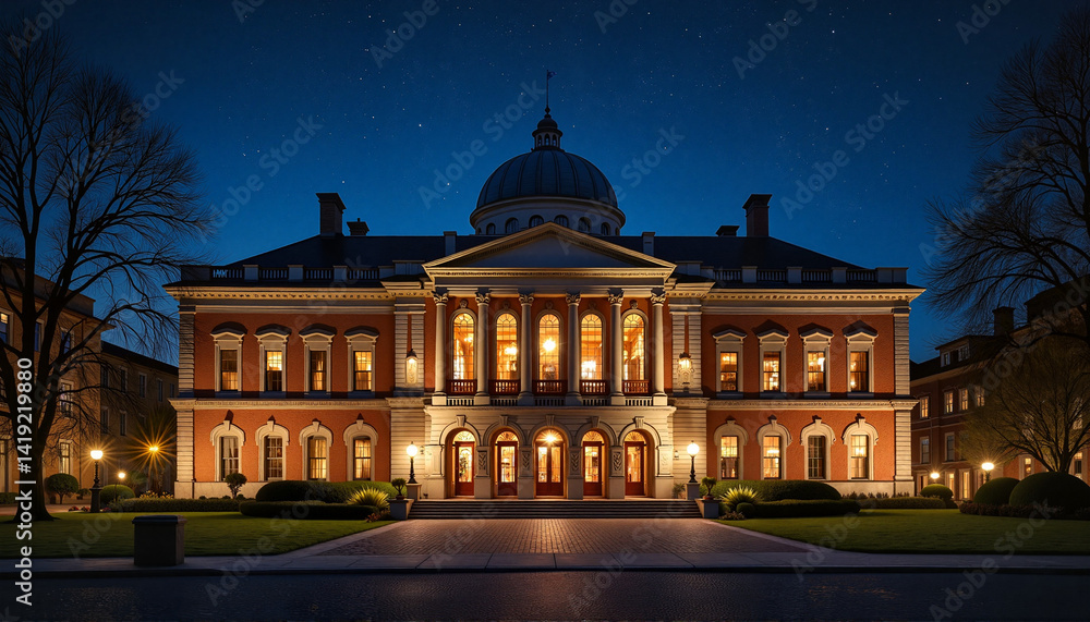 Fototapeta premium Historic building illuminated at night in urban landscape 