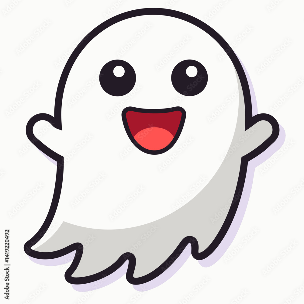 A cheerful cartoon ghost with a smiling face, floating playfully against a simple background. A cheerful cartoon ghost with a smiling face, floating playfully against a simple background.