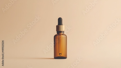 A minimalist amber glass dropper bottle stands elegantly on a smooth, neutral background. Ideal for essential oils, serums, or tinctures, creating a sense of calm and wellness.