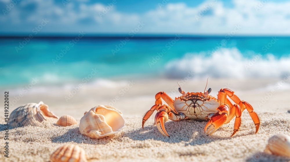 Crabs playing on the sand of a secluded beach, bright blue sea behind them, with a scattering of shells Crabs playing on the sand of a secluded beach, bright blue sea behind them, with a scattering of shells