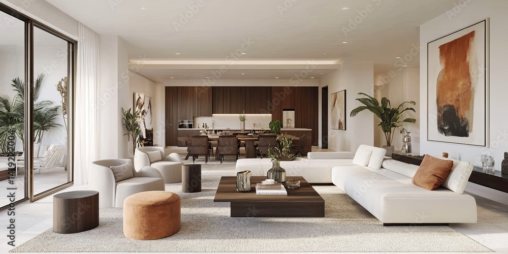 Modern open-plan living space with neutral tones, wooden accents, and large windows showcasing outdoor area Modern open-plan living space with neutral tones, wooden accents, and large windows showcasing outdoor area