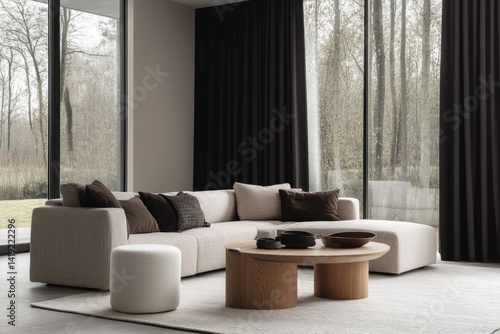 Wallpaper Mural Modern sectional sofa with neutral tones and wooden coffee table in a spacious living room overlooking a wooded area Torontodigital.ca