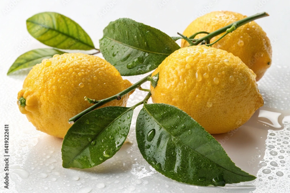 Vibrant Yellow Lemon Cluster: Juicy, Fresh Citrus Fruits with Lush Green Leaves. High-resolution photography, perfect for food blogs, recipes, health websites, product packaging, and refreshing summer