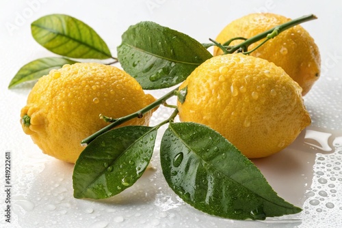 Obraz na płótnie Vibrant Yellow Lemon Cluster: Juicy, Fresh Citrus Fruits with Lush Green Leaves. High-resolution photography, perfect for food blogs, recipes, health websites, product packaging, and refreshing summer w salonie