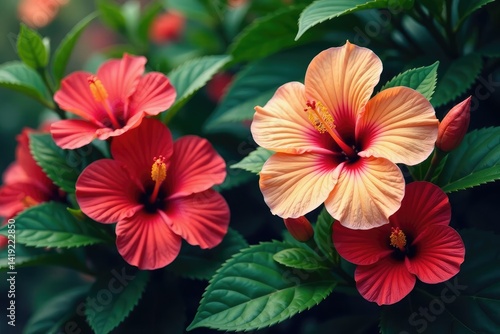 Wallpaper Mural Bold tropical hibiscus flowers and lush foliage in vibrant colors , seamless repeat, wallpaper Torontodigital.ca