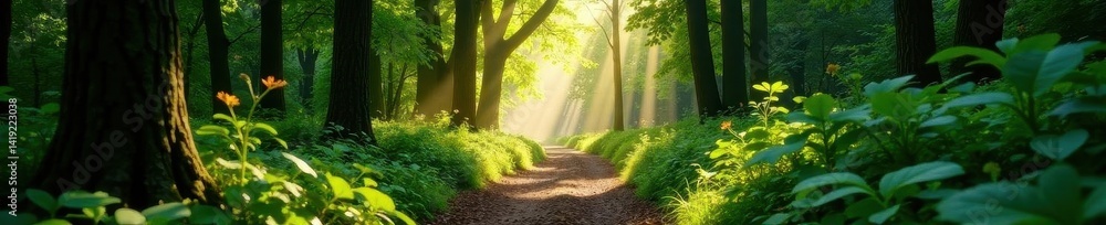 Fototapeta premium Narrow forest track, sunlight filters through canopy , shadow, trail, nature photography
