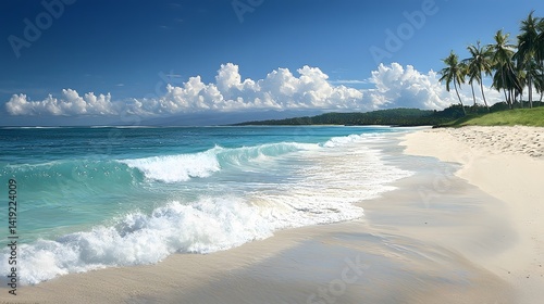 Tranquil Turquoise Ocean Waves Crashing Onto a White Sandy Beach with Swaying Palm Trees Blowing in the Gentle Breeze   A Serene and Idyllic Tropical Paradise Scene