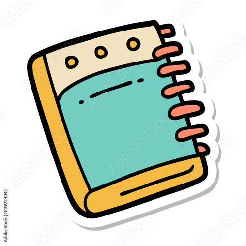 Notebook icon sticker vector illustration featuring a simple design with a spiral binding and a pencil beside it.