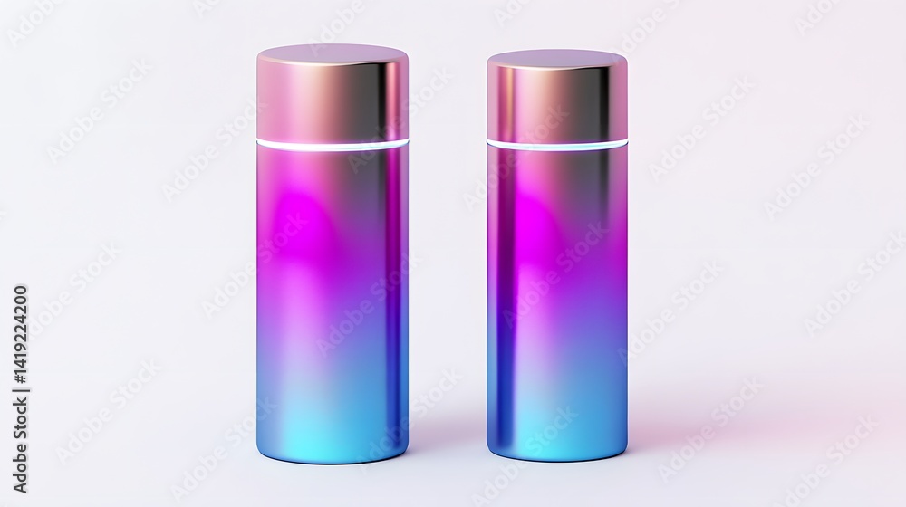 Two sleek, gradient-colored thermos bottles stand side by side, showcasing a vibrant blend of pink and blue hues. Ideal for modern lifestyle imagery or beverage-related content. Two sleek, gradient-colored thermos bottles stand side by side, showcasing a vibrant blend of pink and blue hues. Ideal for modern lifestyle imagery or beverage-related content.