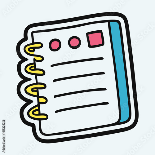 Notebook icon sticker vector illustration featuring a simple design with a spiral binding and a pencil beside it.