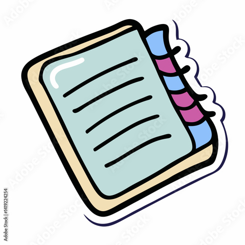 Notebook icon sticker vector illustration featuring a simple design with a spiral binding and a pencil beside it.