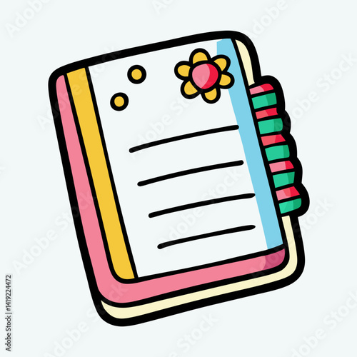 Notebook icon sticker vector illustration featuring a simple design with a spiral binding and a pencil beside it.