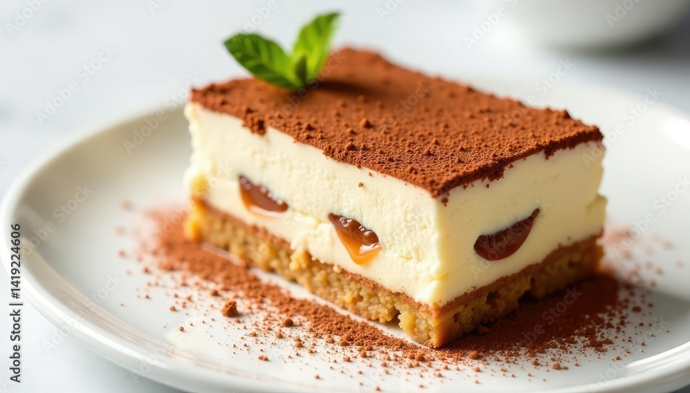 Elegant tiramisu portion, dusted with cocoa powder, on white , food, treat Elegant tiramisu portion, dusted with cocoa powder, on white , food, treat