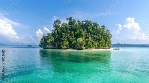 Secluded tropical island with lush verdant vegetation and crystal clear turquoise waters surrounding the pristine shore  A peaceful natural paradise perfect for relaxation adventure and
