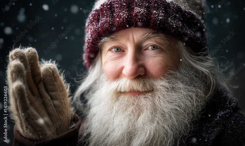 Smiling senior man in winter hat and gloves, snowy backdrop Smiling senior man in winter hat and gloves, snowy backdrop