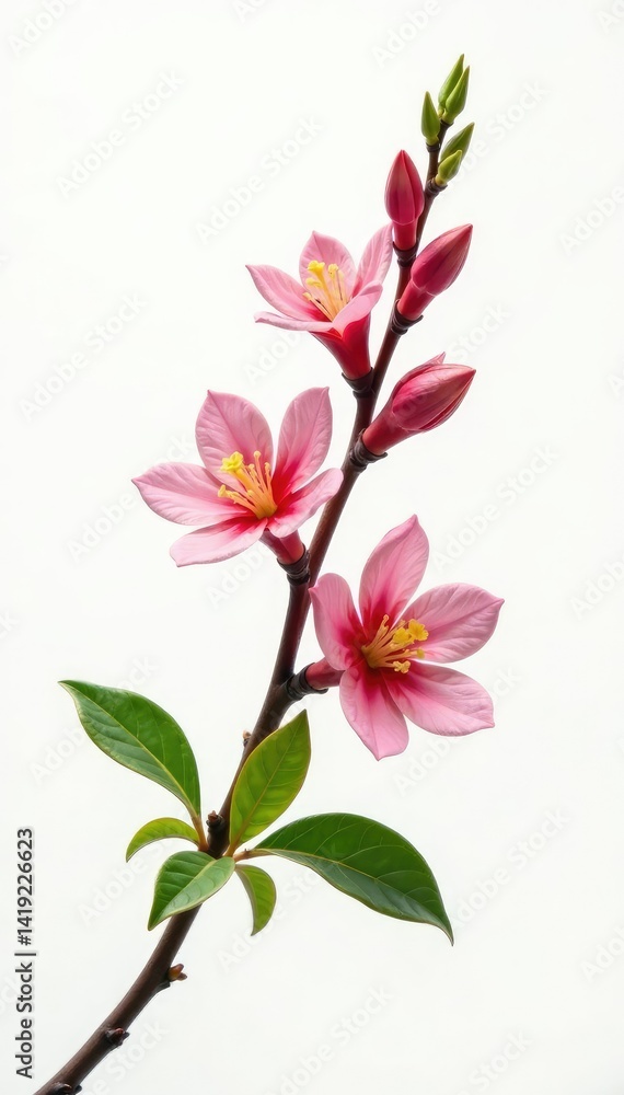 Isolated branch with leaves and flowers in a subtle light, natural, flowers, simple Isolated branch with leaves and flowers in a subtle light, natural, flowers, simple
