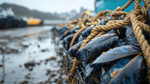 Harvested mussels tied with thick ropes along a shore ready for distribution