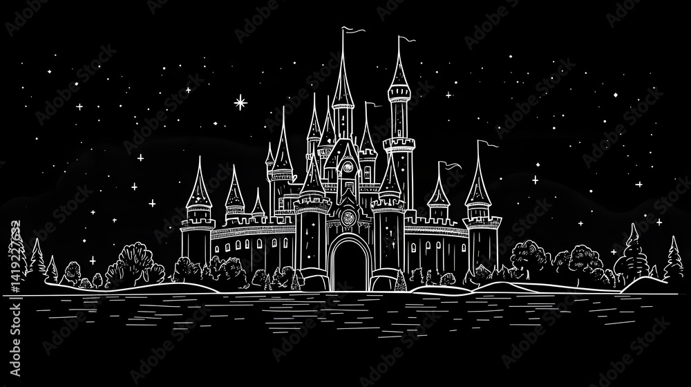 Fototapeta premium Fantasy Princess Castle Scene with Neon Outlines on Black Background