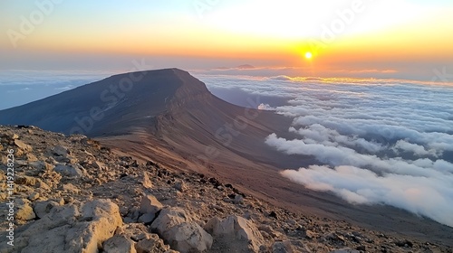 Stunning Sunrise Panorama from the Top of a Towering Mountain Peak with the First Rays of Light Touching the Ethereal Sea of Clouds Below