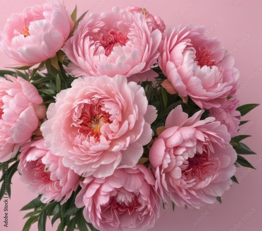 Tightly packed pink peony bouquet, soft pink background, petals, picture Tightly packed pink peony bouquet, soft pink background, petals, picture