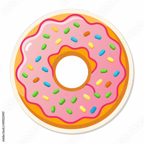 A pink donut topped with colorful sprinkles, placed on a clean white background.
