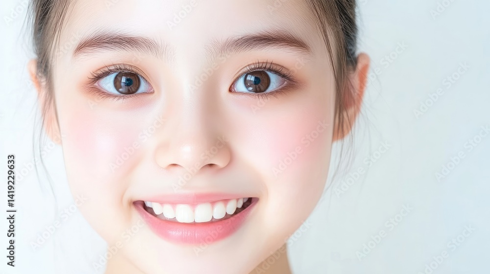 Obraz premium Close-up portrait of a young woman with a radiant smile and light makeup