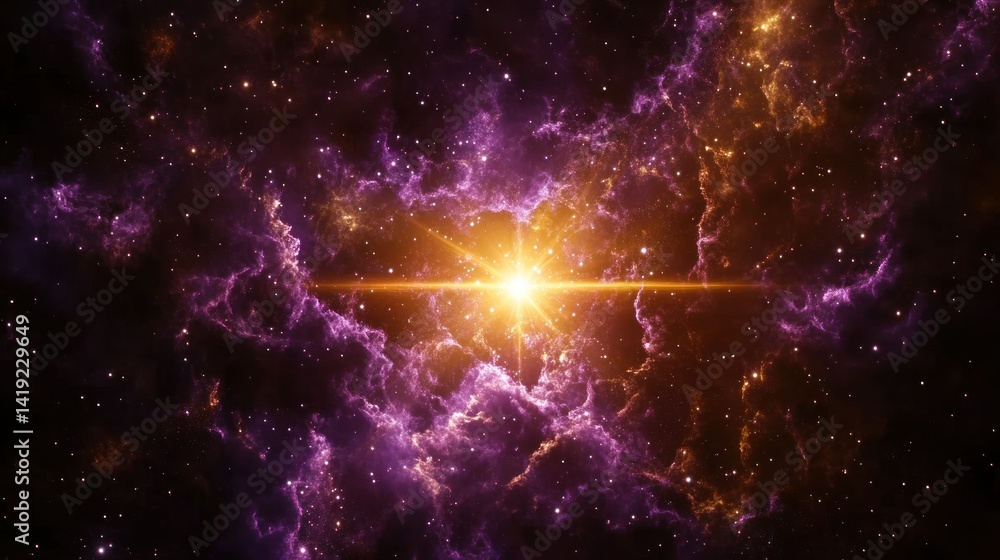 Fototapeta premium Cosmic nebula, vibrant colors, central star, swirling clouds of gas and dust, deep space