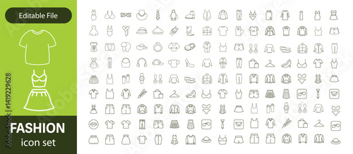 Set of line icons related to fashion, sewing, and clothing. Outline icon collection. clothes and cloth elements - minimal thin line web icon set. Outline editable icons collection. Dress,polo t-shirt