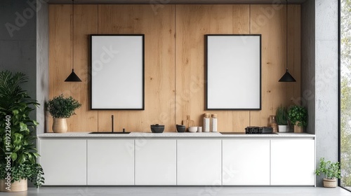 Photorealistic Minimalist Kitchen with White Poster Frames, Wooden Panels, and Modern Design