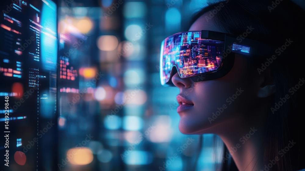 Immersive virtual experience: Woman exploring a neon cityscape with VR headset Immersive virtual experience: Woman exploring a neon cityscape with VR headset