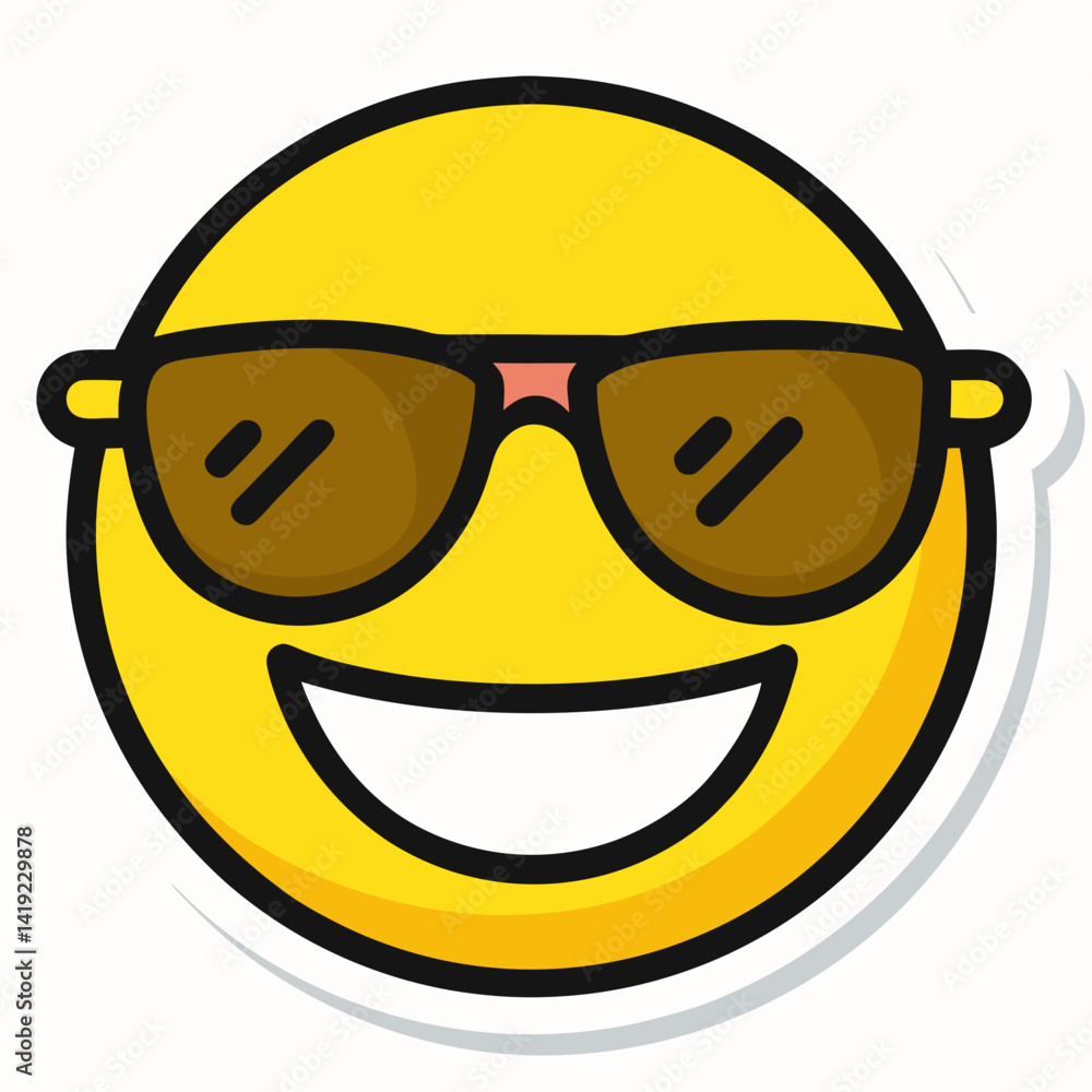 A smiling yellow emoticon wearing sunglasses on a sticker, conveying a cheerful and relaxed vibe. A smiling yellow emoticon wearing sunglasses on a sticker, conveying a cheerful and relaxed vibe.