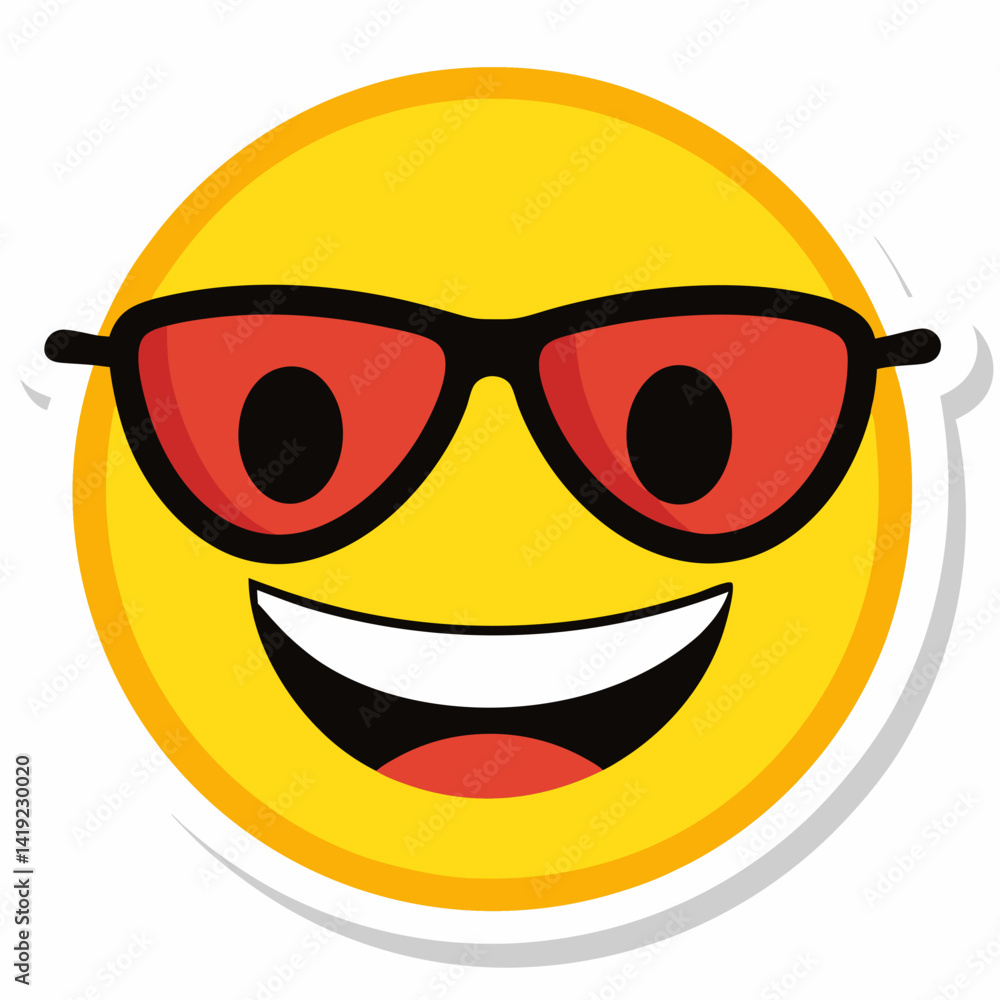 A smiling yellow emoticon wearing sunglasses on a sticker, conveying a cheerful and relaxed vibe. A smiling yellow emoticon wearing sunglasses on a sticker, conveying a cheerful and relaxed vibe.