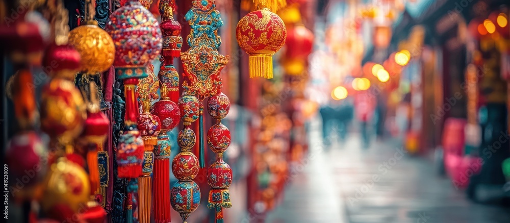 Fototapeta premium Colorful Asian Decor Hanging in a Street Market