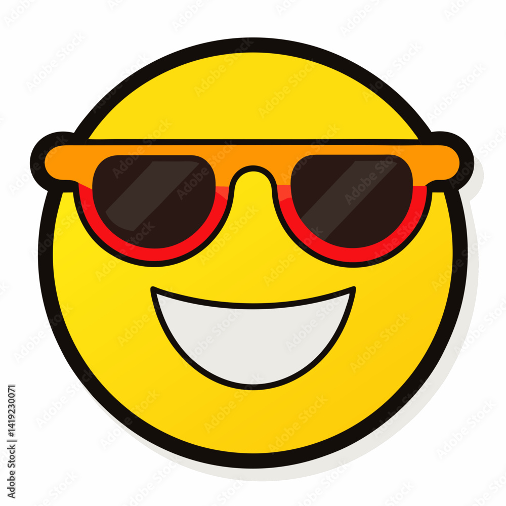 A smiling yellow emoticon wearing sunglasses on a sticker, conveying a cheerful and relaxed vibe. A smiling yellow emoticon wearing sunglasses on a sticker, conveying a cheerful and relaxed vibe.