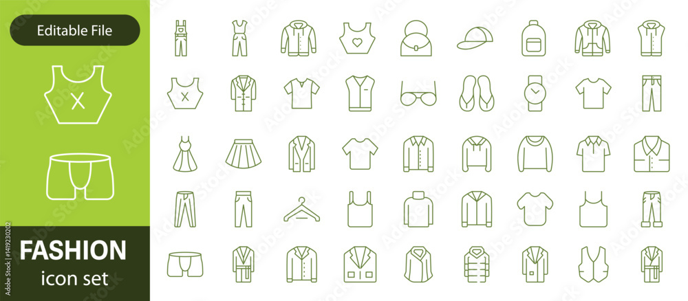 Set of line icons related to fashion, sewing, and clothing. Outline icon collection. clothes and cloth elements - minimal thin line web icon set. Outline editable icons collection. Dress,polo t-shirt
