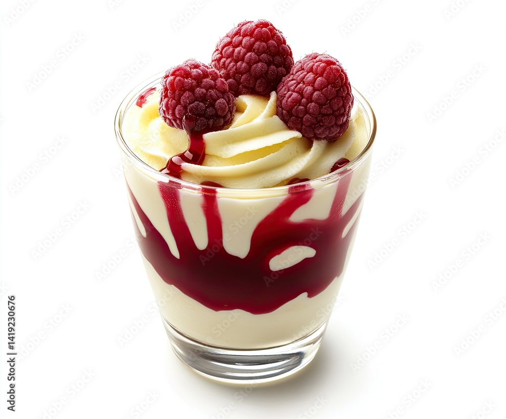 Creamy dessert with raspberries and sauce Creamy dessert with raspberries and sauce