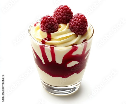 Creamy dessert with raspberries and sauce