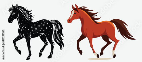 horse and foal Silhouette of a running horse. Solid black vector silhouette of a horse in motion, isolated on a white background. Speed and freedom concept. Design for logos, posters, and prints.