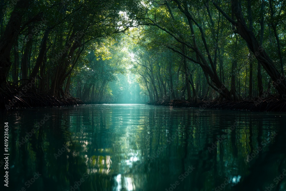 Navigating Serene River Through Lush Green Mangrove Forest with Sunbeams Navigating Serene River Through Lush Green Mangrove Forest with Sunbeams