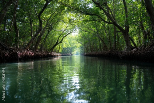 Navigating Mangrove Tunnel Waters with Green Reflections and Natural Canopy