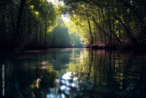Calm River Flowing Through Lush Mangrove Forest with Tree Reflections