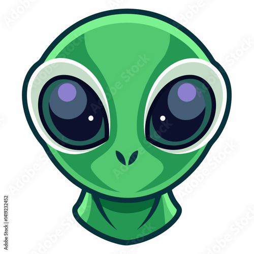 Cartoon illustration of an alien head with large eyes and a green skin tone, set against a simple background.